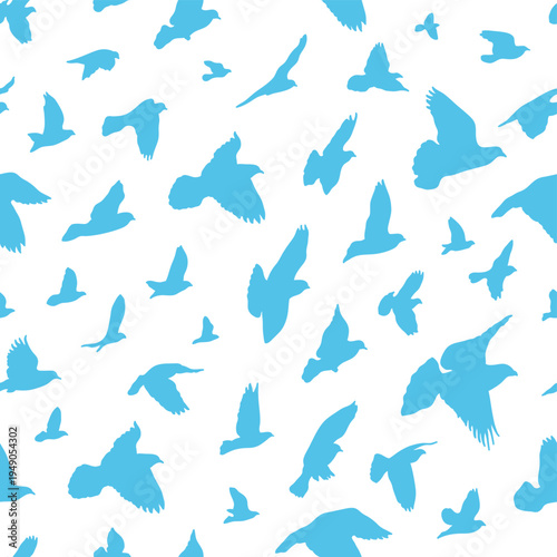 Pigeon flock. Pattern with flying bird silhouettes on white background