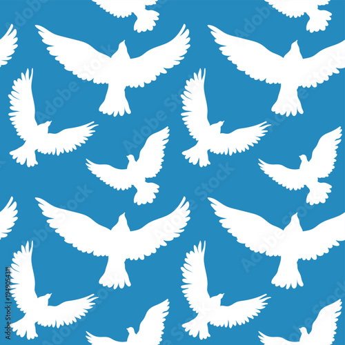 White pigeons in sky. Pattern with large flying birds on blue backdrop