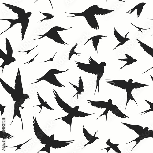 Flock of swallows. Pattern with black flying bird silhouettes on white