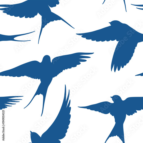 Pattern with blue swallows. Flying birds silhouettes on white backdrop