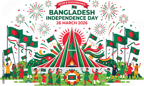 Vibrant illustration of people celebrating Bangladesh Independence Day with fireworks and flags on a green field.