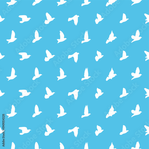 Pigeon in flight. Pattern with White birds on blue backdrop. Polka dot