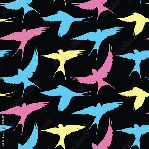 Colorful swallows pattern. Cyan magenta yellow  flying bird silhouette