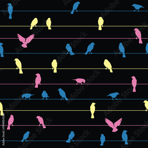 Colorful sparrows pattern. Cyan magenta yellow birds sitting on lines