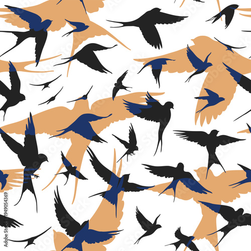 Abstract birds pattern. Flying swallows silhouettes. Double exposure