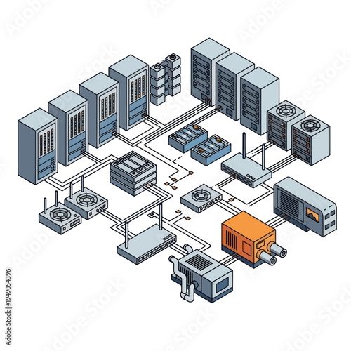 Isometric Data Center Infrastructure Illustration with Servers and Networking Equipment.