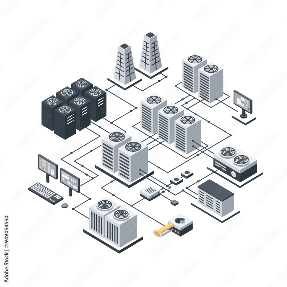 Obraz premium Isometric Data Center Illustration - Servers, Cooling, and Network.