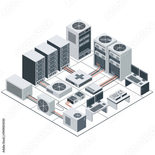 Isometric Data Center Illustration with Servers and Cooling Systems.