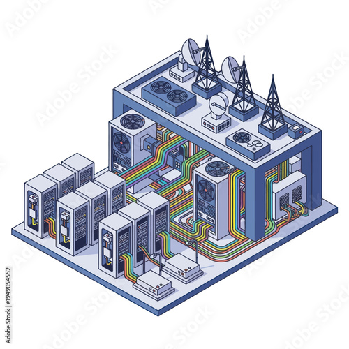 Isometric Data Center Illustration with Servers, Cooling Systems, and Antennas.