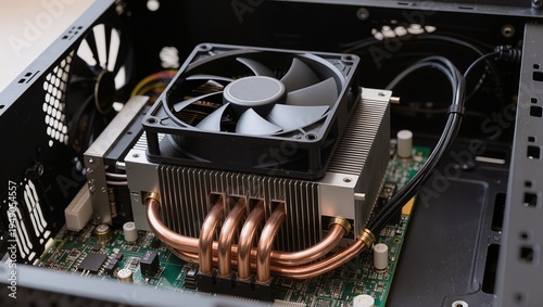 Close-up of computer system unit interior with large CPU cooler, fan and radiator with copper heat pipes. Motherboard components, capacitors and chips highlight PC hardware and cooling system