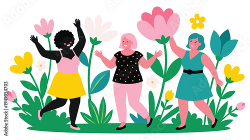 Happy diverse women dancing in flower garden celebrate body positivity