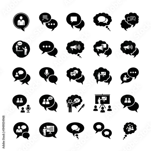 black and white communication icons set, chat bubbles and speech symbols