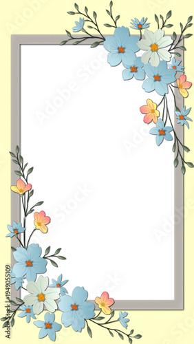 Pastel Floral Frame with Blue and Peach Flowers on Light Yellow Background