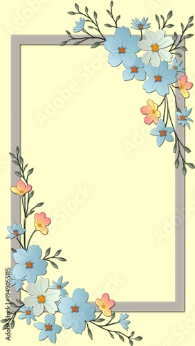 Pastel Floral Frame with Blue and Peach Flowers on Light Yellow Background