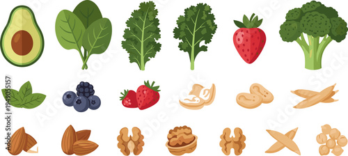 Healthy Food Vector Set Featuring Avocado, Kale, Strawberries, Blueberries, Broccoli, and Nuts for Nutritional and Vegan Illustrations