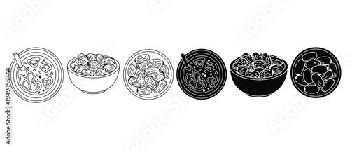 Black and white illustrations of various bowls of nuts and seeds  snack food