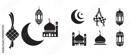 Islamic ramadan eid al fitr mosque lantern crescent moon star icons set