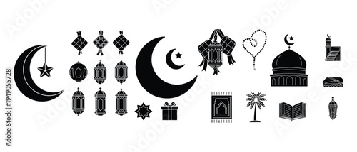 Islamic Ramadan symbols and objects including crescent moon star lanterns mosque