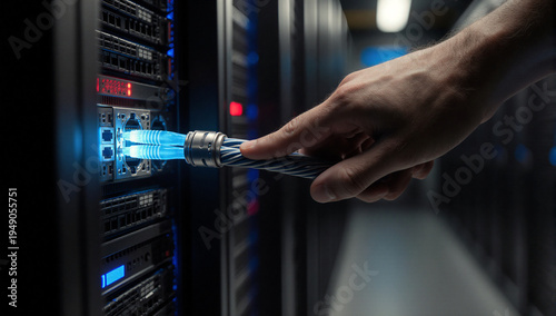 サーバーラックに光るネットワークケーブルを接続するエンジニアの手元