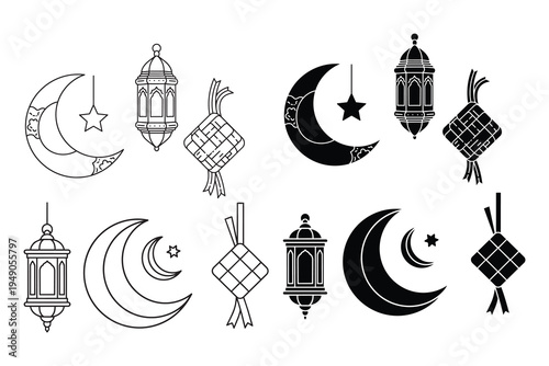 Ramadan Kareem decorative icons set with lanterns crescent moons and ketupat