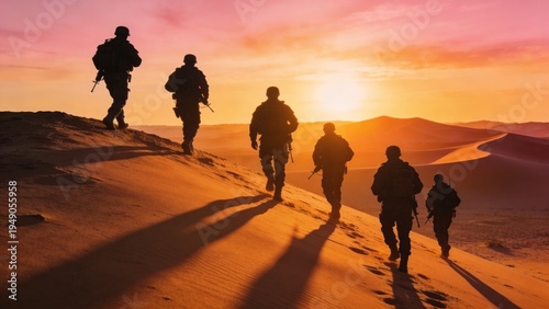 A team of soldiers advancing across a desert at sunset, illustrating military teamwork, tactical operations, endurance, defense readiness, and strategic movement in challenging terrain.