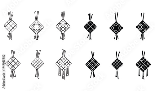 Set of traditional woven rattan or bamboo craft storage containers for food or gifts  various patterns