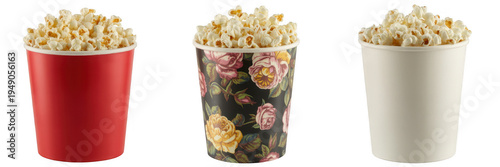 Popcorn in red, clear, and white buckets isolated on a transparent background
