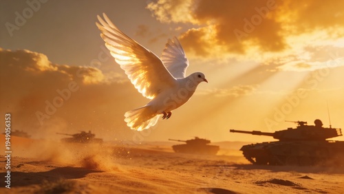 Elegant white dove soaring through a glowing golden sky, symbolizing peace, freedom, hope, spirituality, and positive transformation.