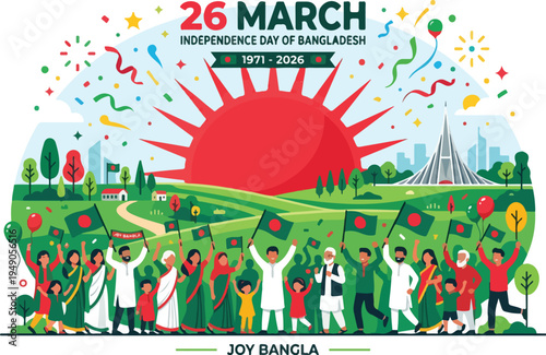 Vibrant illustration of diverse people celebrating Independence Day in a park with a large red sun and confetti, conveying a joyful and festive mood.