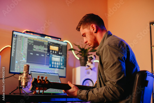 Fényképezés Musician composing music at home studio playing guitar