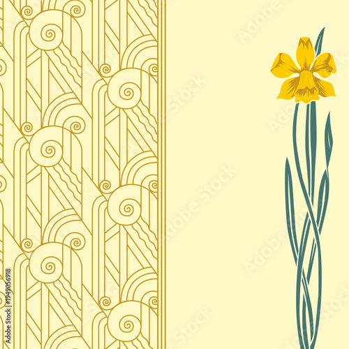 Seamless pattern and narcissus flower, art deco. Modern style of 1920-s. 