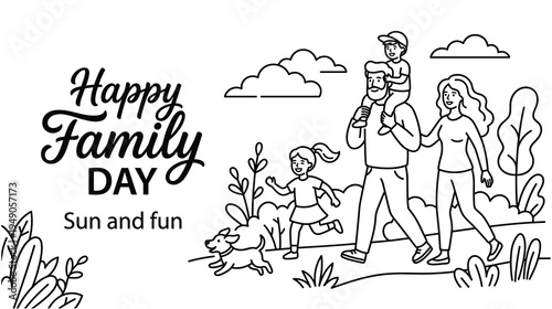 Happy family walking with dog in park for sun and fun outdoor activity