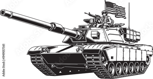 Modern Military Tank with Soldier and Flag – Bold Black Vector Illustration