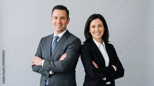 Successful Team Confident business duo back to back on grey.
