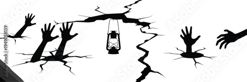 Silhouette illustration of lantern above cracked ground with reaching hands, symbolic artwork representing struggle, hope, rescue, and emotional tension in black and white design