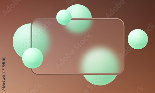 Abstract glassmorphism banner with translucent glass panel and mint spheres on warm brown gradient background.