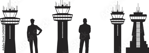 Silhouettes of diverse air traffic control towers with human figures for scale, isolated black vector design highlighting aviation architecture and airport landmark structures