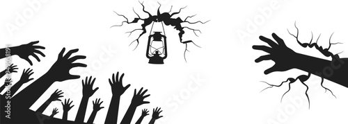 Silhouette illustration of lantern above cracked ground with multiple reaching hands, symbolic black and white artwork representing struggle, hope, escape, and emotional tension