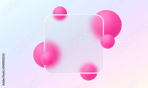 Glass morphism square interface panel with vibrant pink spheres on soft pastel gradient background for modern UI design
