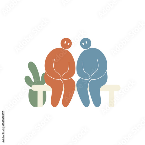 Two stylized, plump, faceless figures, one orange and one blue, sit closely on a beige bench beside a green plant, conveying quiet companionship.
