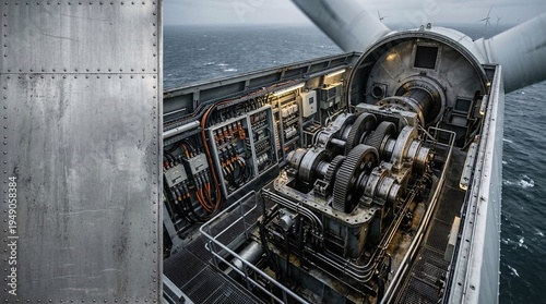 Drone shot of an offshore wind turbine nacelle interior revealing exposed complex gearbox and high-voltage electrical array components.