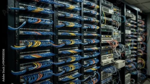 Shot emphasizing patch panels with neatly arranged jumpers in a carrier hotel meetme room the surrounding uneven cabling and older equipment fading into soft focus.