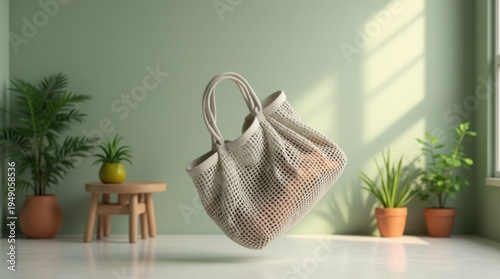 Bolsa de malla reutilizable plegada para la compra de frutas y verduras flotando en el aire