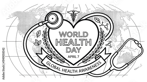 World health day global awareness medical line art vector illustration
