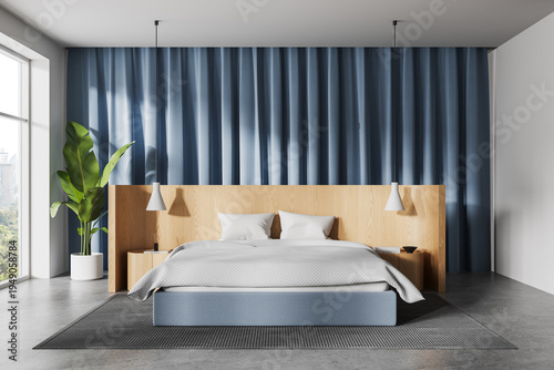 Modern minimalist bedroom interior with wooden headboard, soft blue curtains, and contemporary decor creating a calm design atmosphere."" 3D Rendering