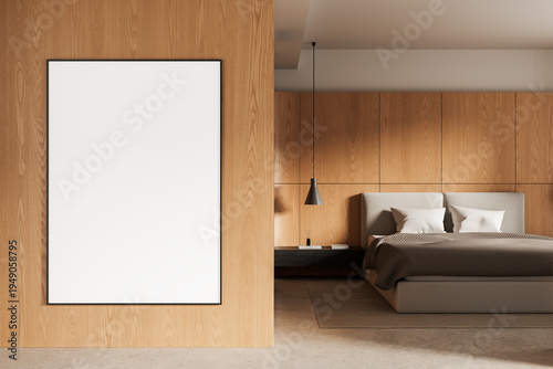 Modern bedroom interior with wooden wall and large blank poster mockup for clean design presentation and stylish layout concept. 3D Rendering