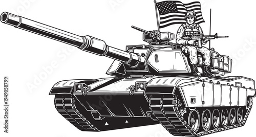 Modern Military Tank with Soldier and Flag – Bold Black Vector Illustration