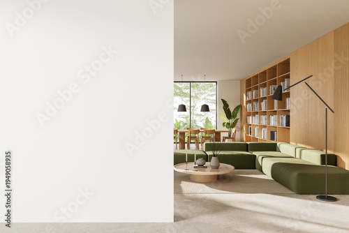 Modern interior wall mockup in bright living room with green sofa, wooden shelving, and clean architecture layout for contemporary design space. 3D Rendering