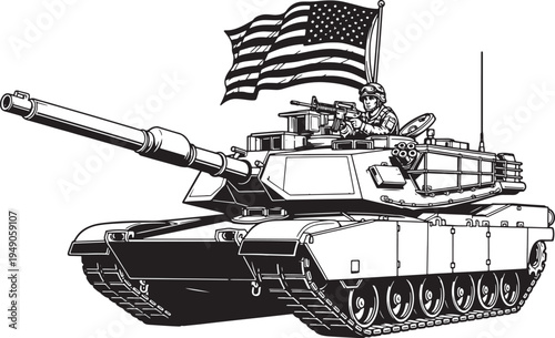 Modern Military Tank with Soldier and Flag – Bold Black Vector Illustration