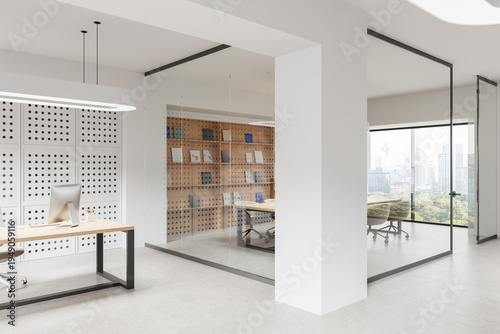 Modern office interior with glass meeting rooms, minimalist desks, and bright open layout overlooking urban skyline."" 3D Rendering